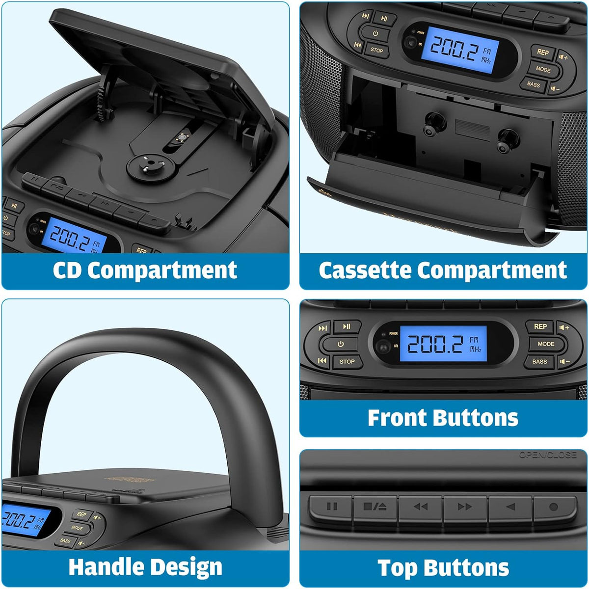 CD Cassette Player Combo Boombox with Bluetooth 5.1, FM Radio, Stereo Sound A846639