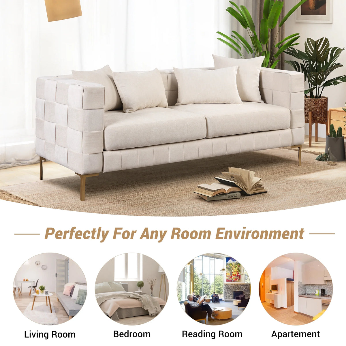 Beige Upholstered Sofa with 4 Pillows and Golden Metal Legs I666781