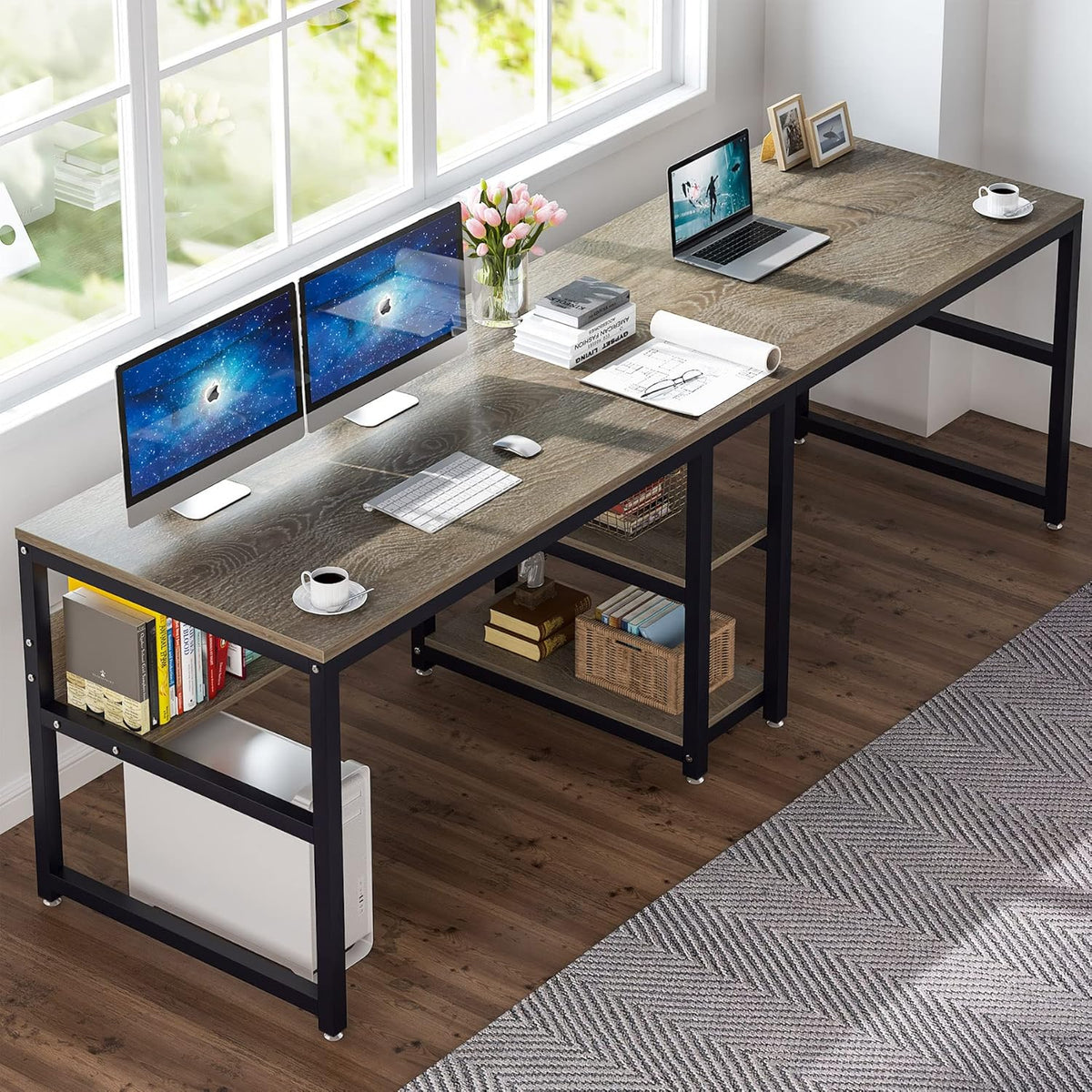78.7" Two Person Desk with Bookshelf D296