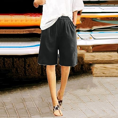 Women's Cotton Linen High Waisted Wide Leg Elastic Drawstring Shorts with Pockets P431064