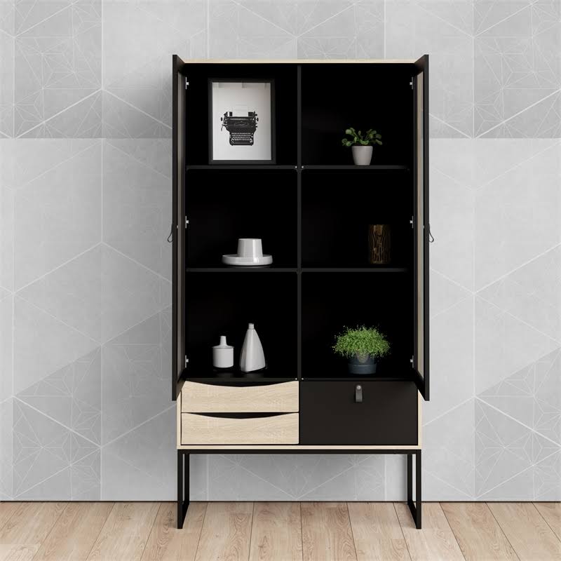 Black 2 Glass Door Cabinet with 3 Drawers B1758