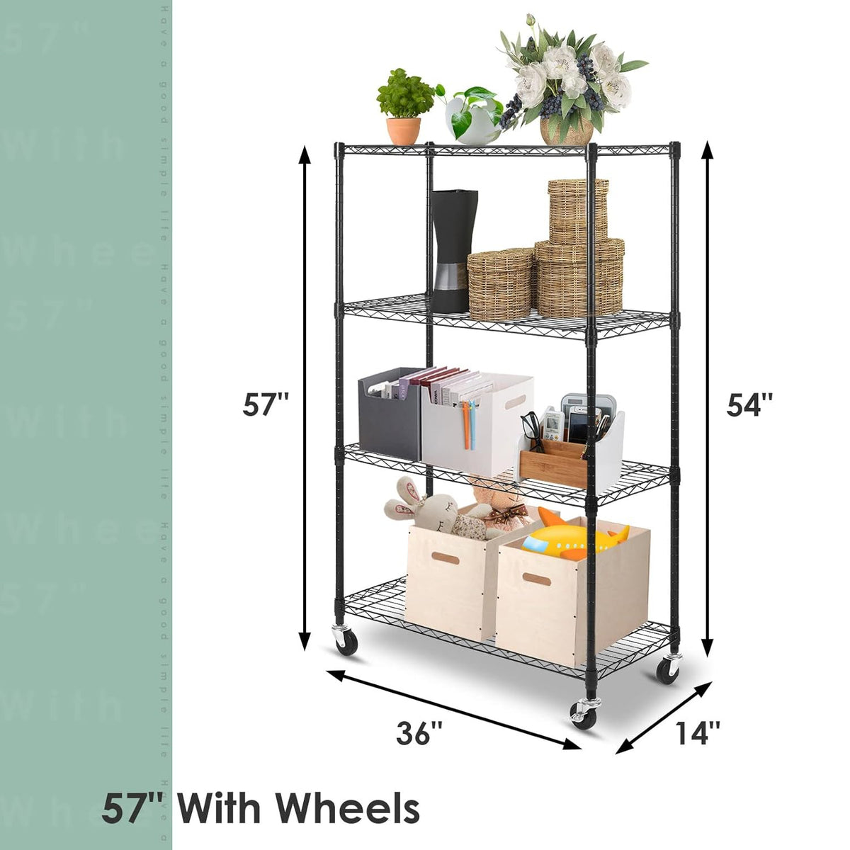 Black Adjustable Heavy Duty Metal Shelving Storage Rack on Wheels Casters N17849