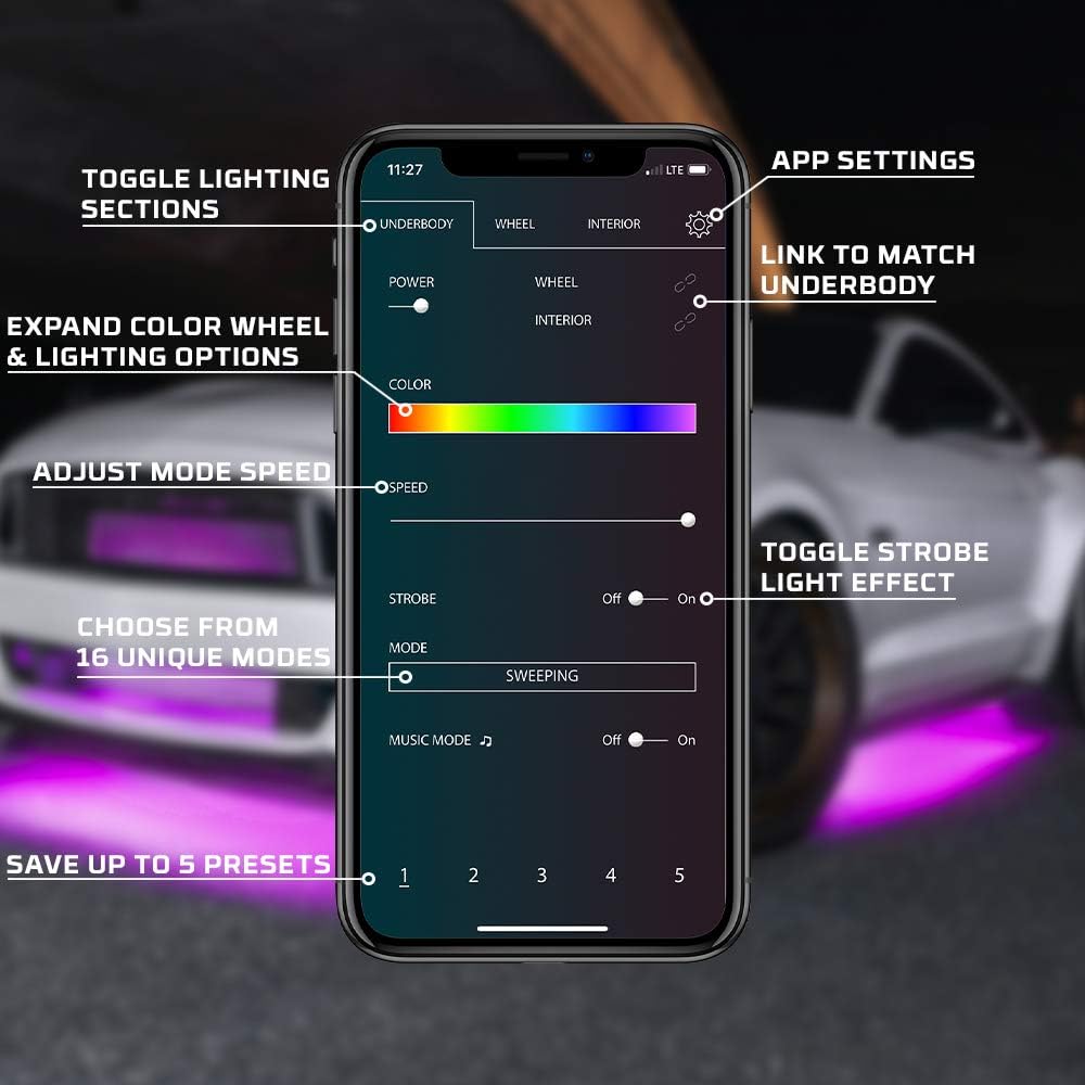 4pc Bluetooth LED Underbody Underglow Kit with Interior Footwell Accent Lighting Y784