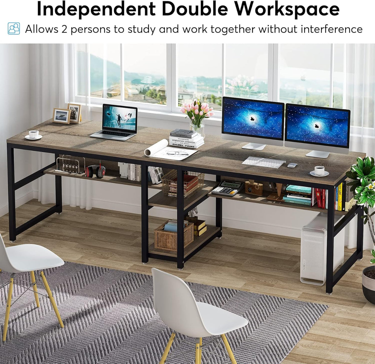 78.7" Two Person Desk with Bookshelf D296