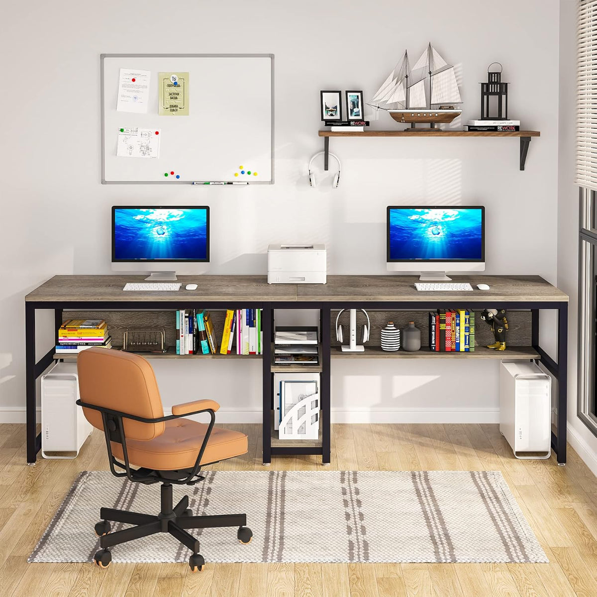 78.7" Two Person Desk with Bookshelf D296