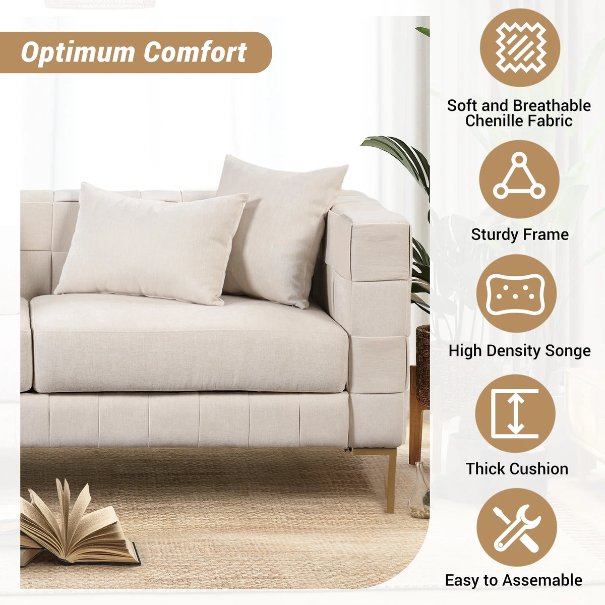 Beige Upholstered Sofa with 4 Pillows and Golden Metal Legs I666781