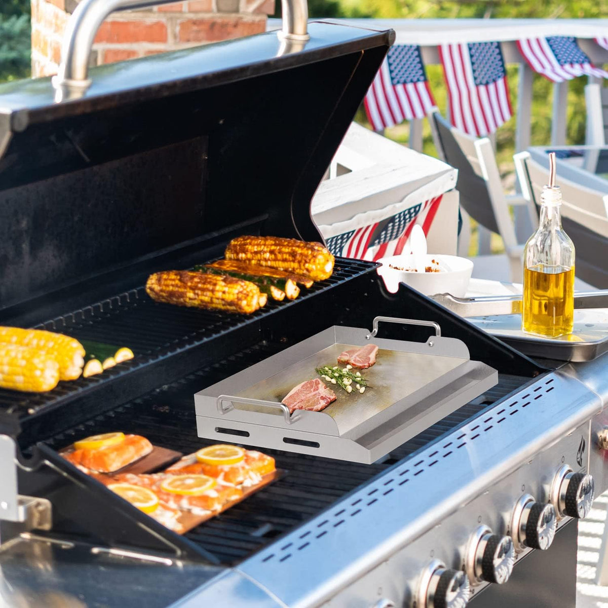 17" x 13.5" Stainless Steel Flat Top Griddle with 2 Handles, Pack of 2 N4222