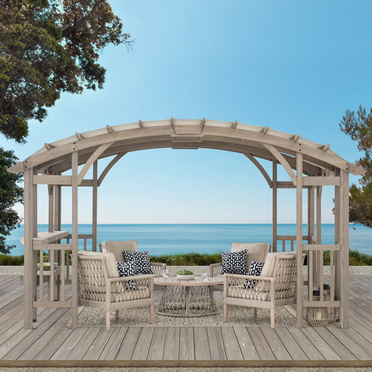 10 x 14 ft Light Grey Cedar Wood Arched Pergola with Canopy W520136