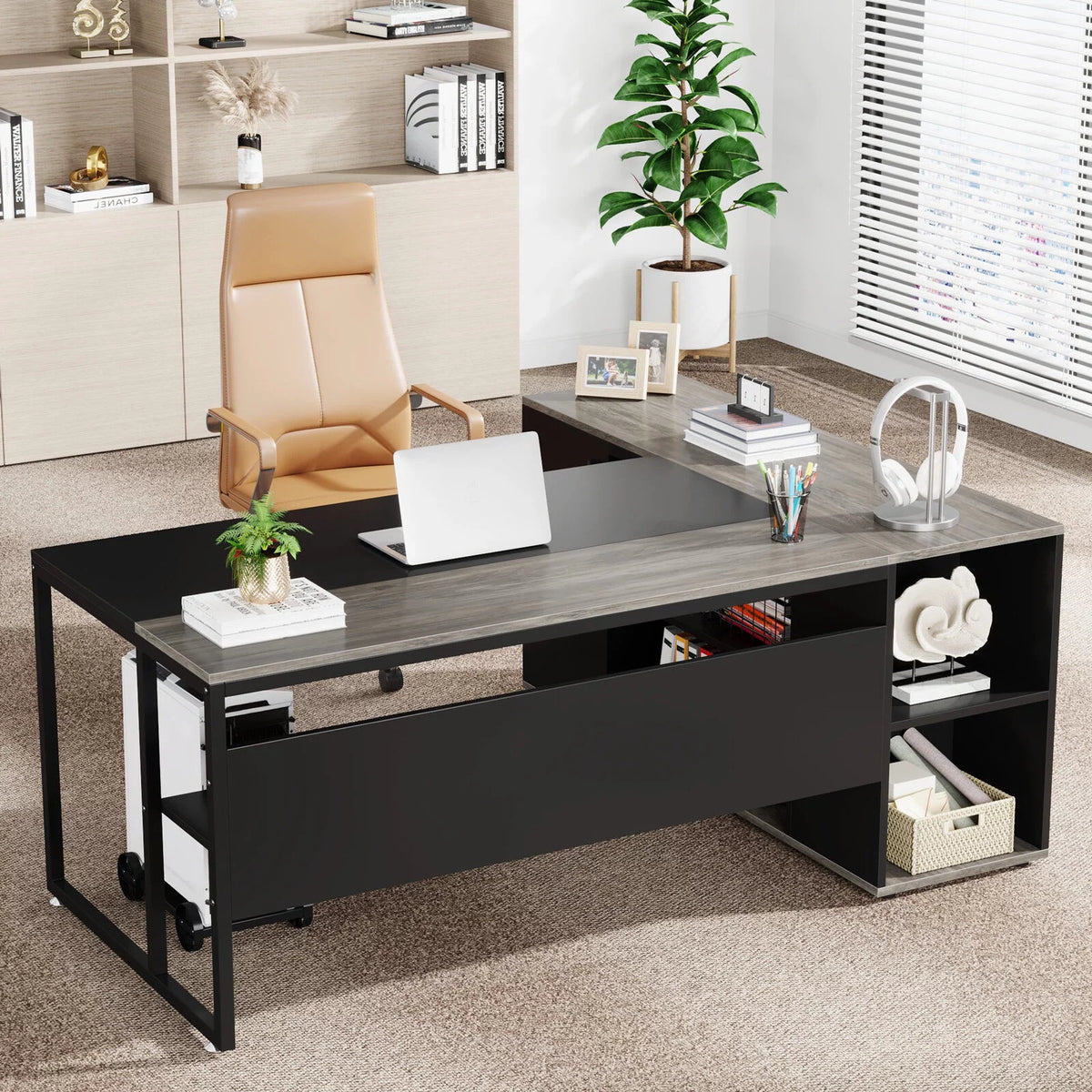 70.86" L Shaped Desk with Storage Cabinet & Shelves D547781