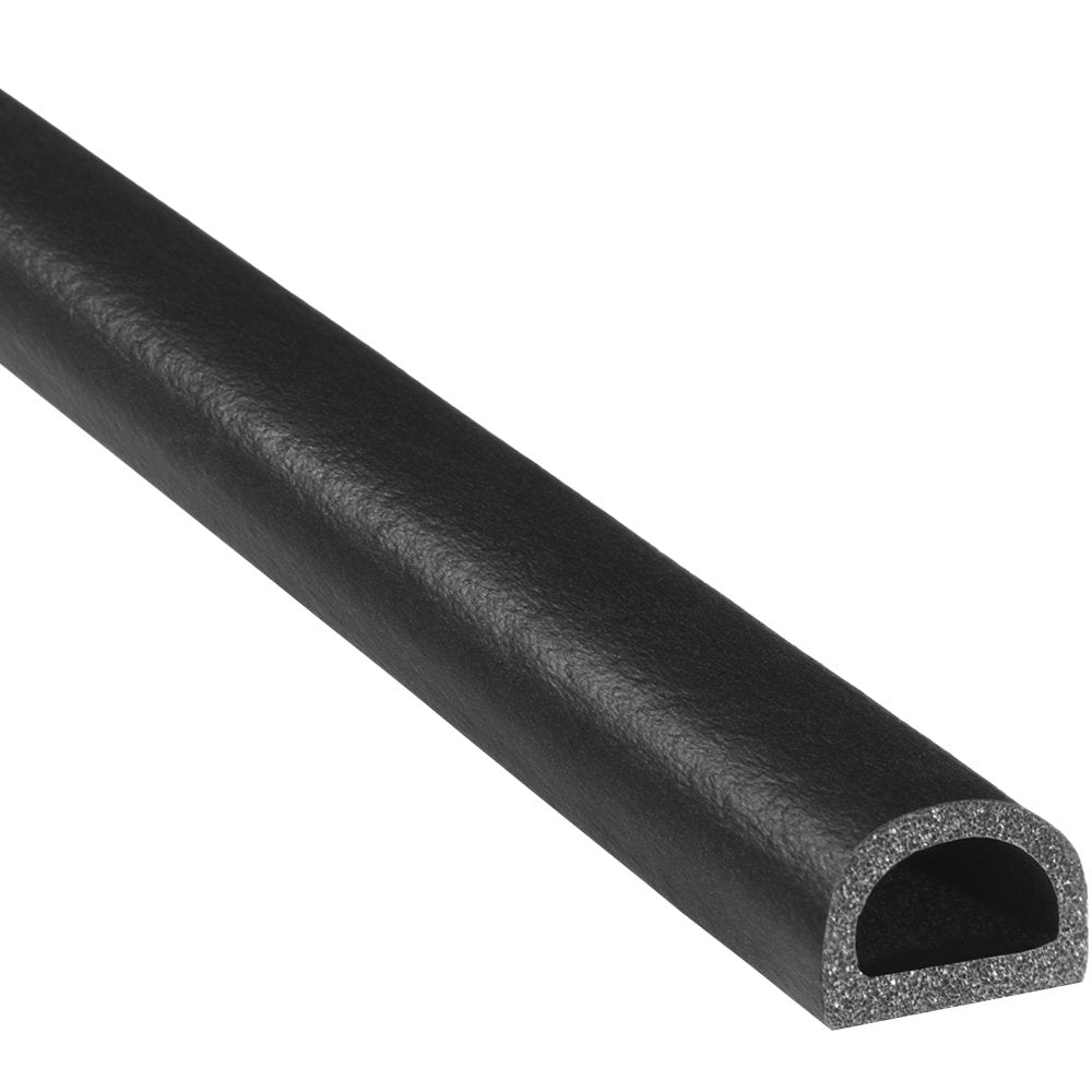 D-Shaped Rubber Seal, .375” Height, .75” Width, 25’ Length, EPDM Foam Seal with Bonded Tape, Black G1973