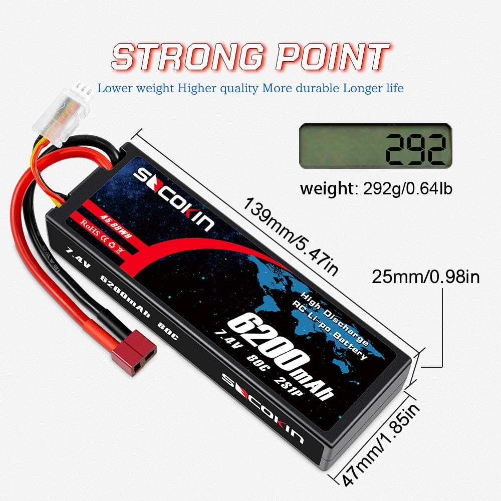 2 Pack 7.4V 2S 6200mAh 80C Hard Case Lipo Battery with Deans T Z22089