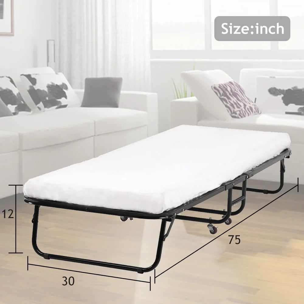 Folding Bed Frame with Wheel, Rollaway Bed with Mattress, Foldable Twin Bed with Memory Foam Mattress U2617