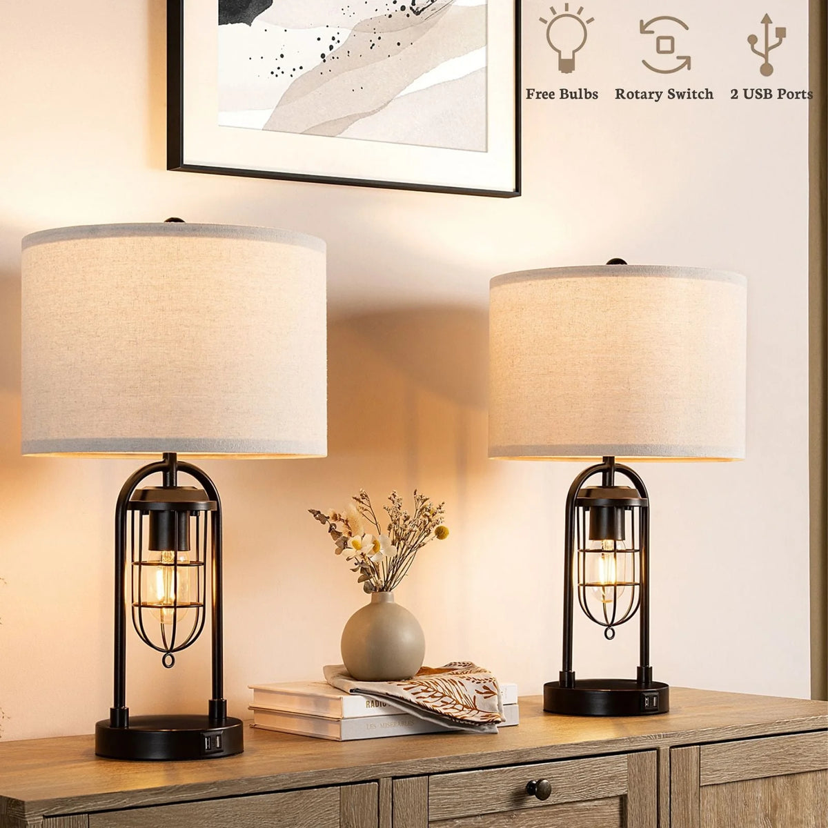 21'' Table Lamps Set of 2 with USB Port and Night Light, White Drum Shade I63241
