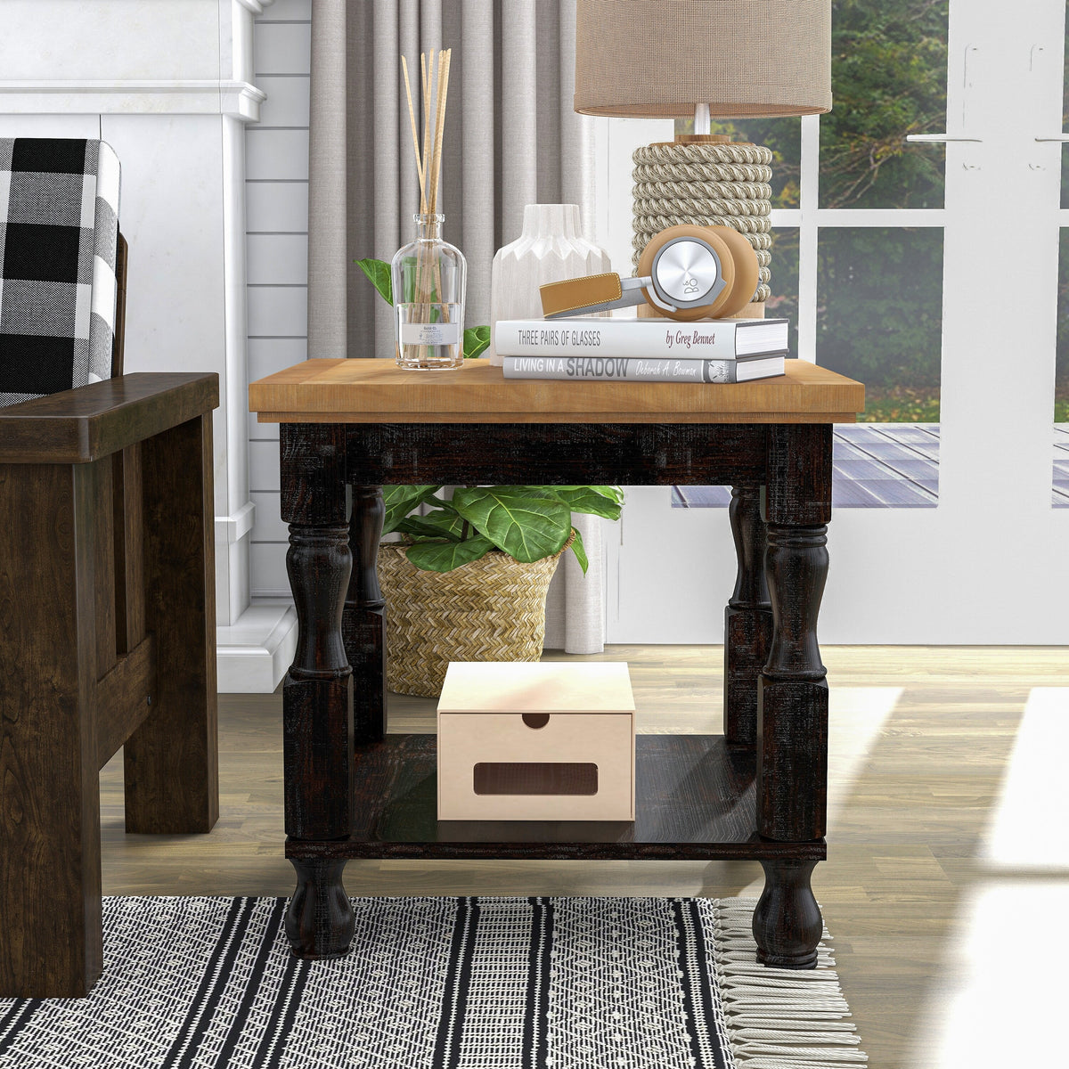 Antique Black and Oak 24-inch Pine 1-Shelf End Table J75637