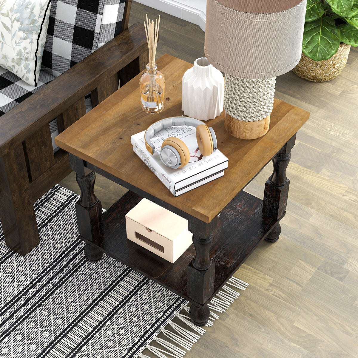Antique Black and Oak 24-inch Pine 1-Shelf End Table J75637