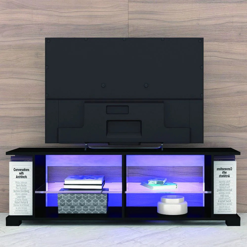 Black 57 Inch TV Stand with LED Lights and Glass Shelves H754109