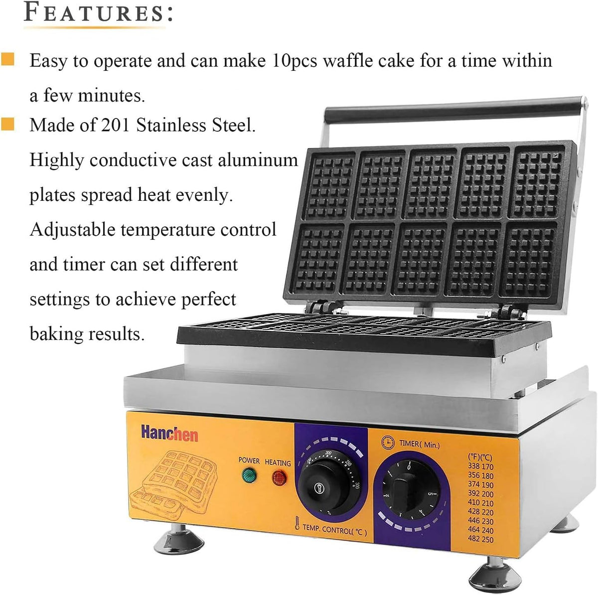 10pcs Commercial Electric Waffle Maker 110V No-Stick Belgian Waffle Baker O9196