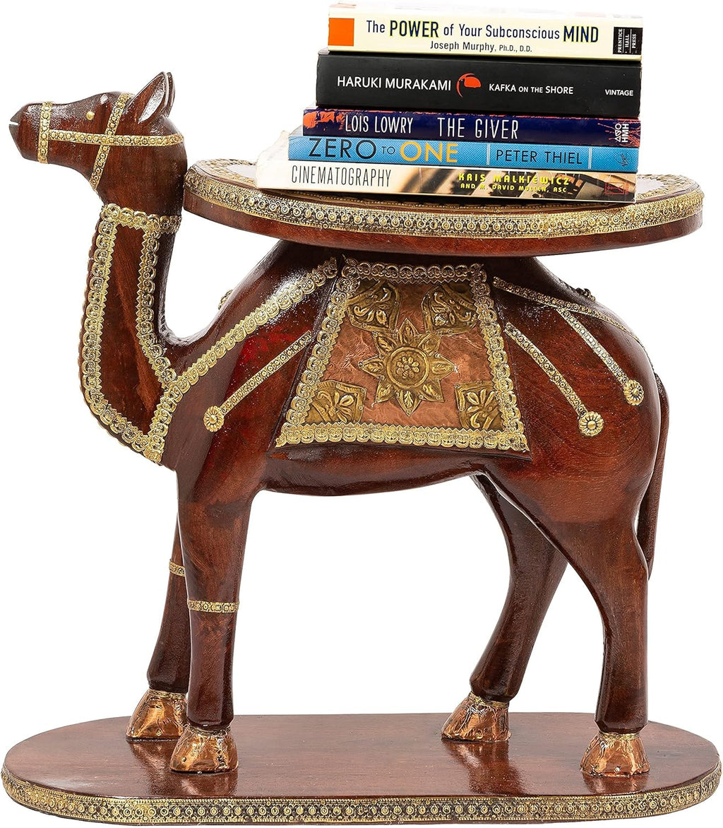 Hand Carved Round Wooden Coffee Table with Drawer - 14.5 x 14.5 x 15 Inches V190
