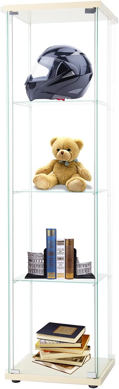 4-Shelf Glass Display Cabinet with Door, Tempered Glass Floor Standing Bookshelf Natural Wood T728273