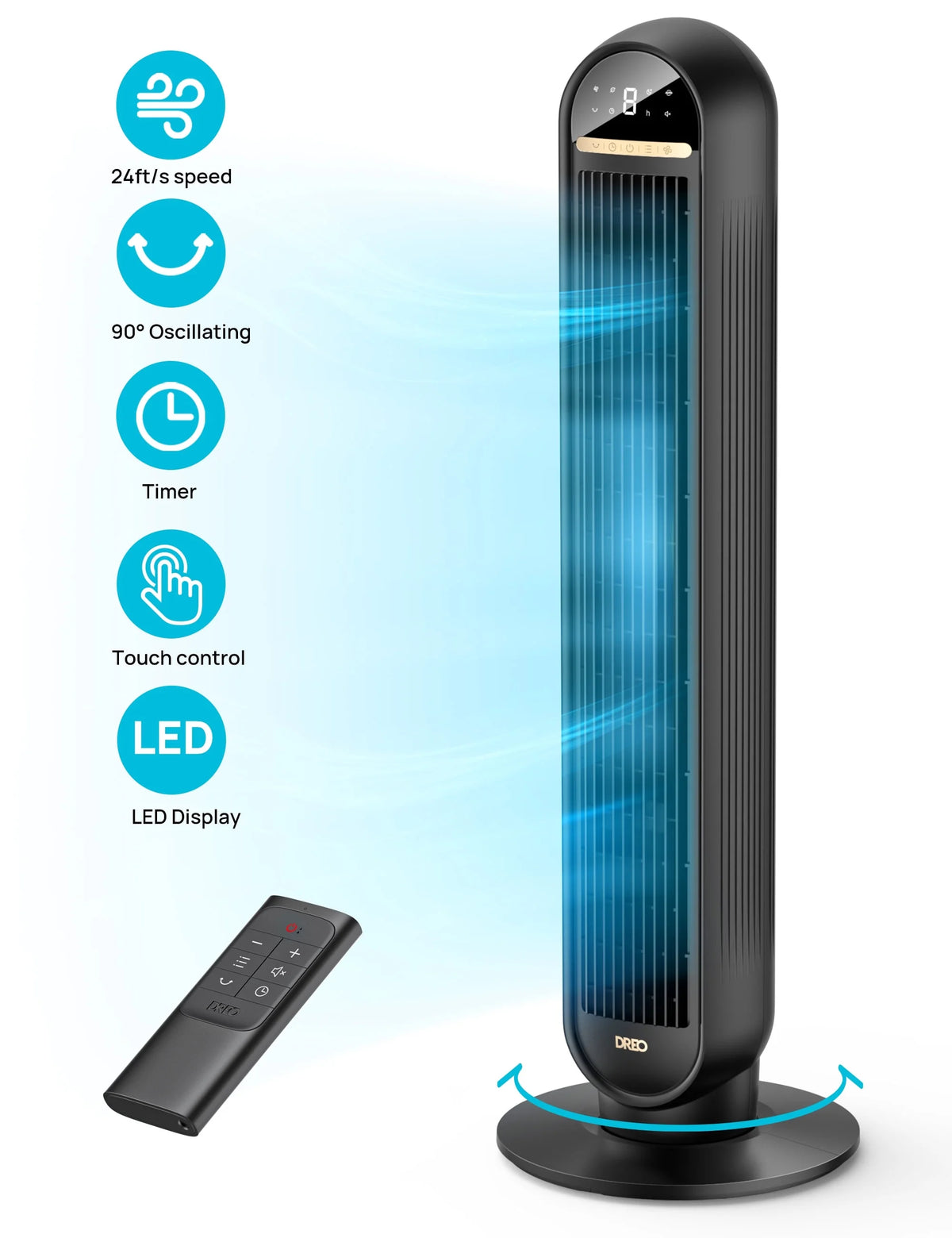 36" Standing Floor Fan with Remote, 90° Oscillating, LED Display H605