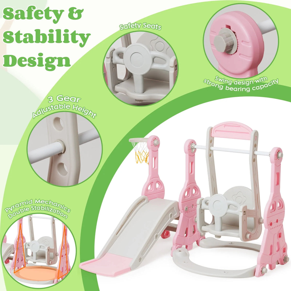 4 in 1 Toddler Slide and Swing Set with Basketball Hoop V50814