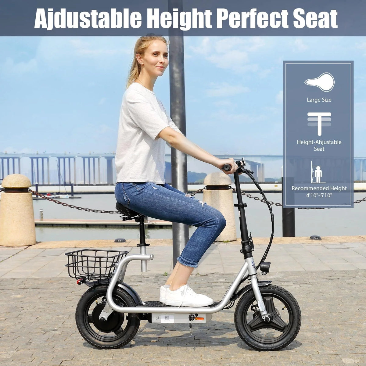 Silver Electric Scooter with Seat, 14 inch, 500W, 25 Miles 20 MPH D343