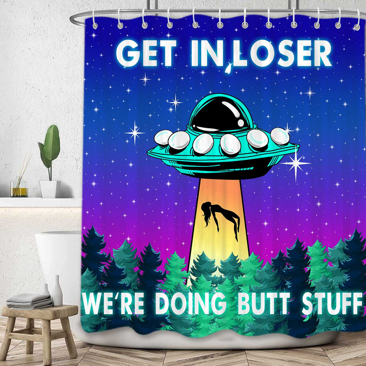 UFO Blue Purple Space Fabric Shower Curtain Set with Hooks 72X72 Inch C9886