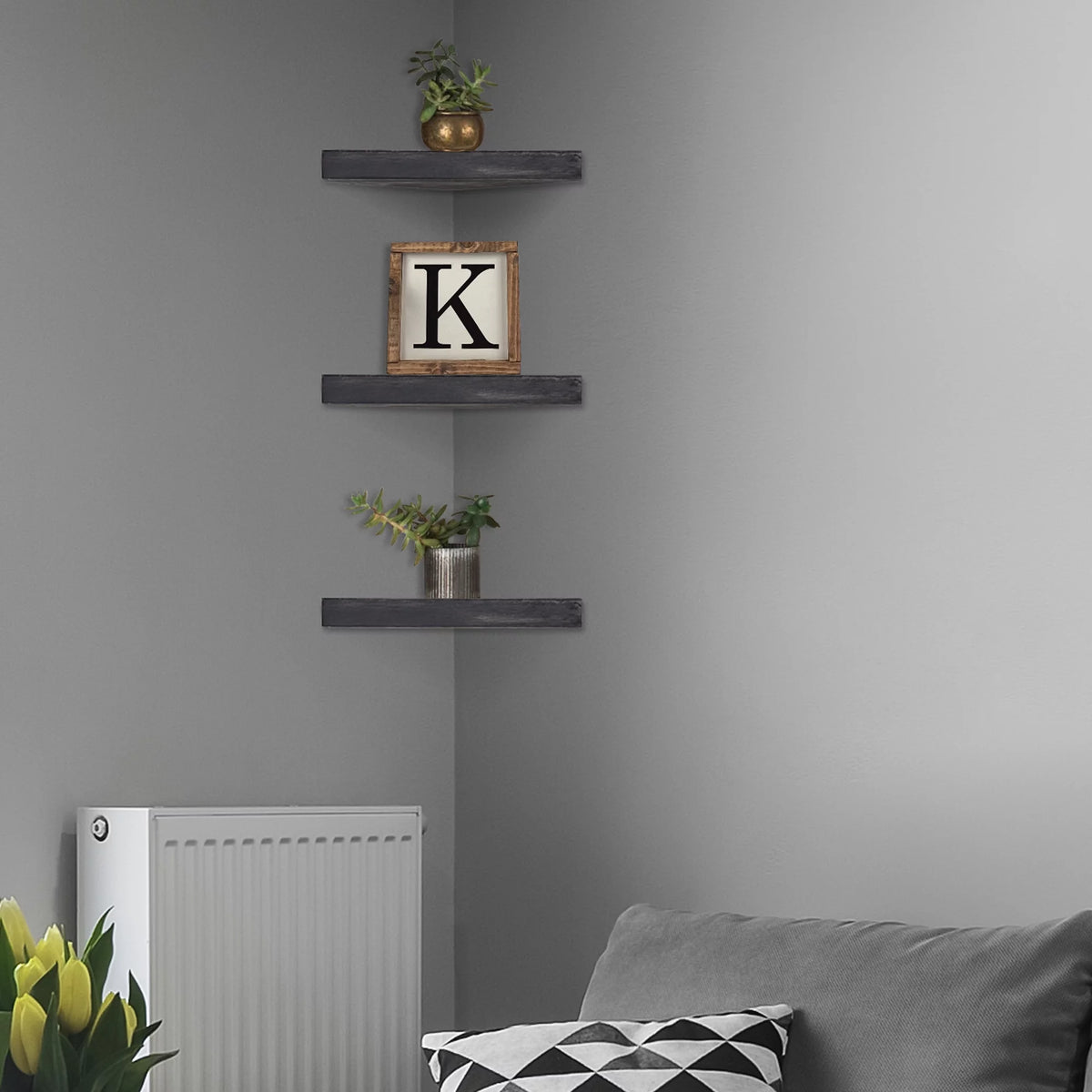 Black Set of 3 Wood Floating Corner Shelves M6148