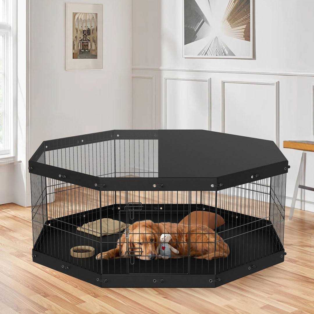 8 Panels Foldable Metal Dog Exercise Pen with Top Cover and Bottom Pad B664840