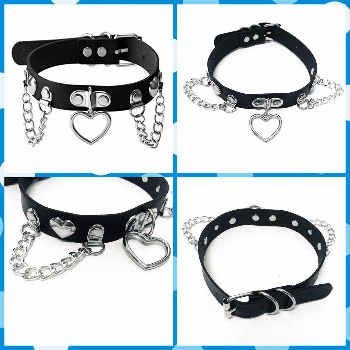 Black Leather Choker Collar with Chain Leash Set N9703