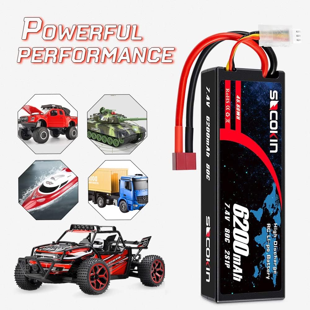2 Pack 7.4V 2S 6200mAh 80C Hard Case Lipo Battery with Deans T Z22089