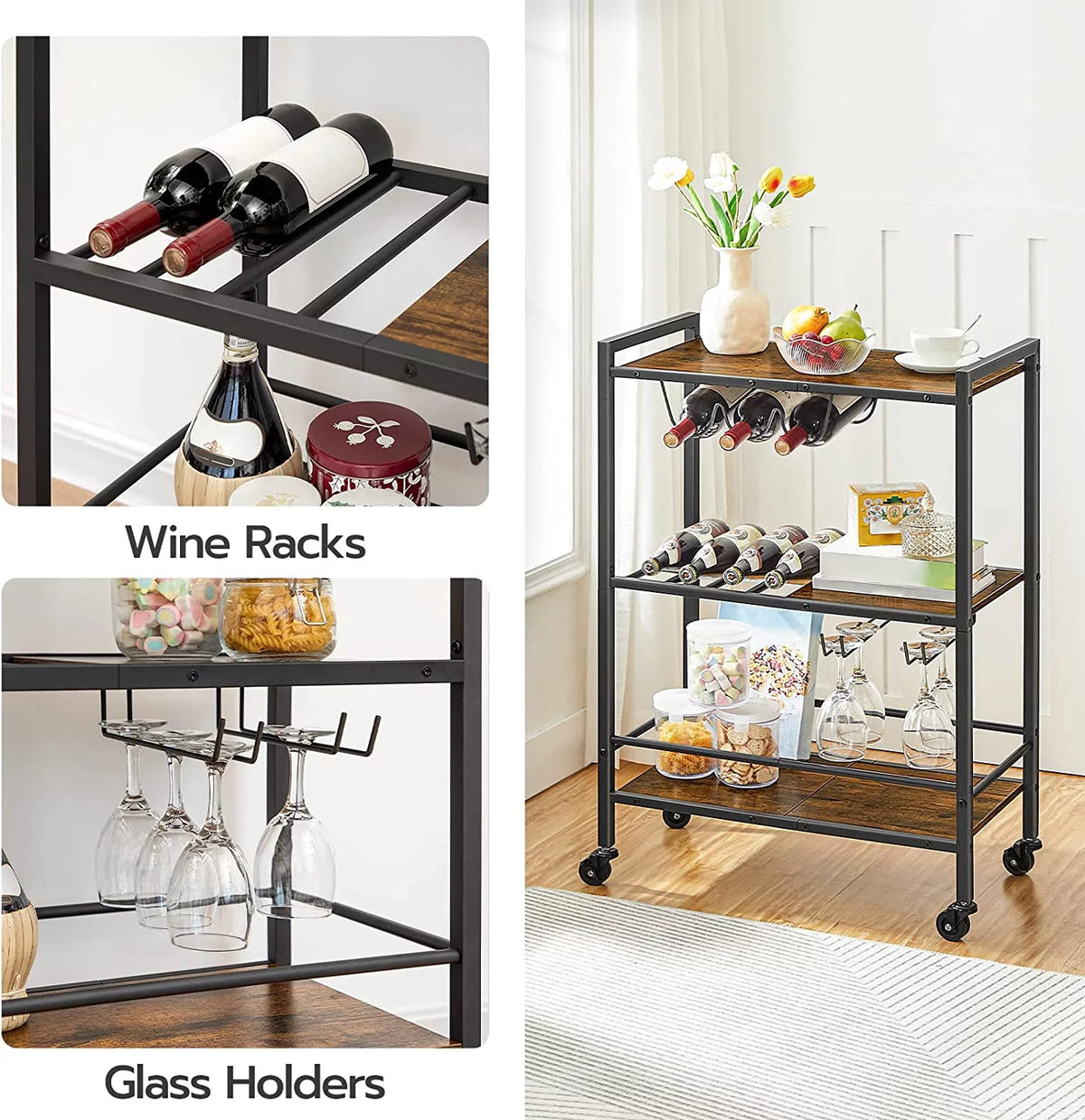 3-Tier Bar Cart with Wheels and Wine Rack X576637