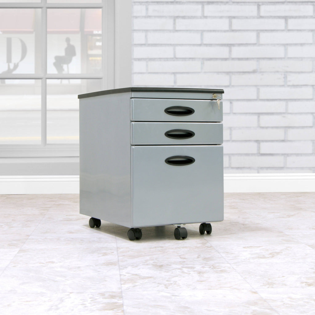 3 Drawer Metal Mobile File Cabinet in Silver Y556996