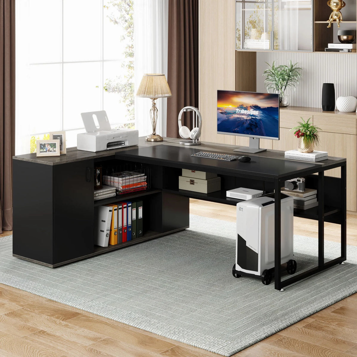 70.86" L Shaped Desk with Storage Cabinet & Shelves D547781