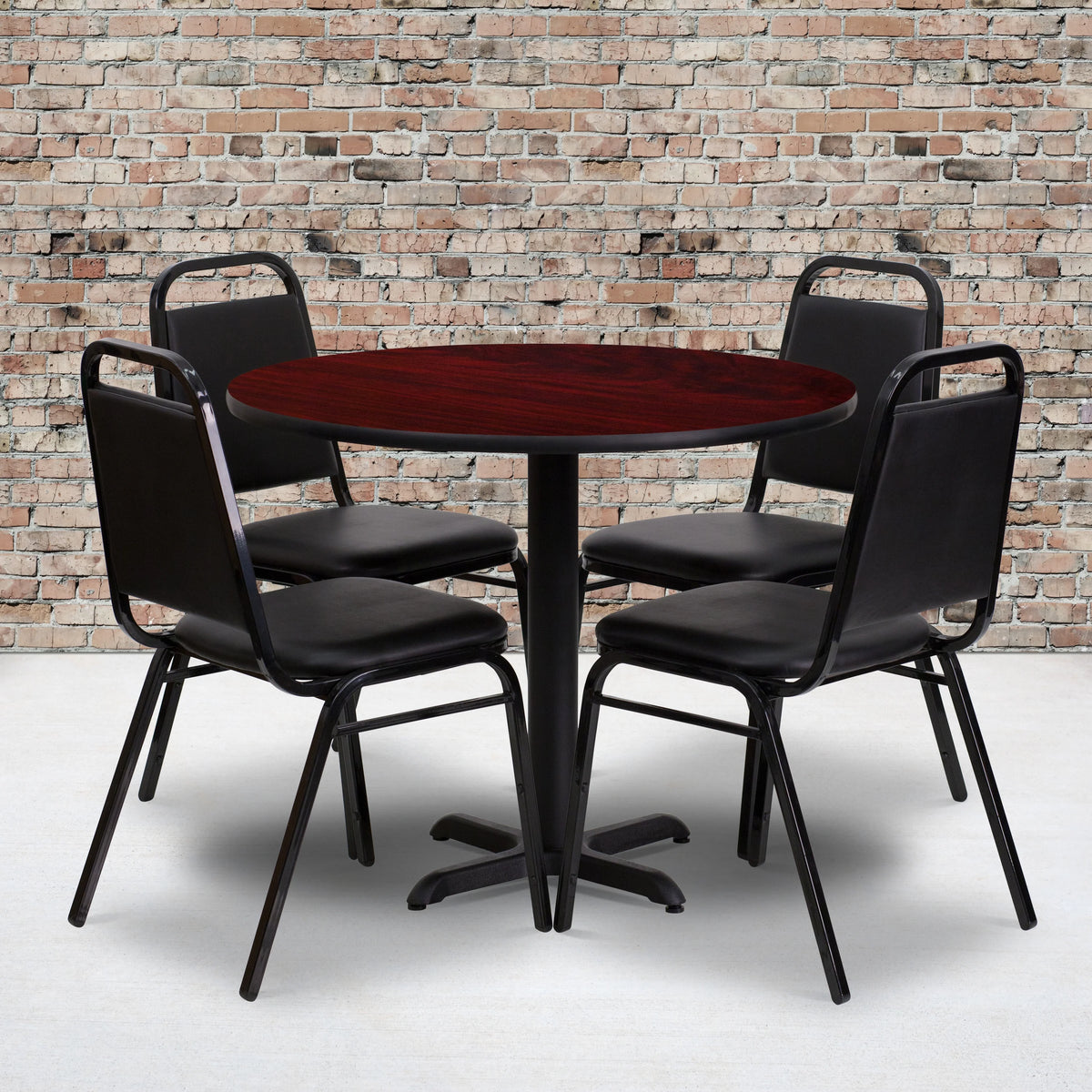 36'' Round Mahogany Laminate Table Set with 4 Black Banquet Chairs H840432
