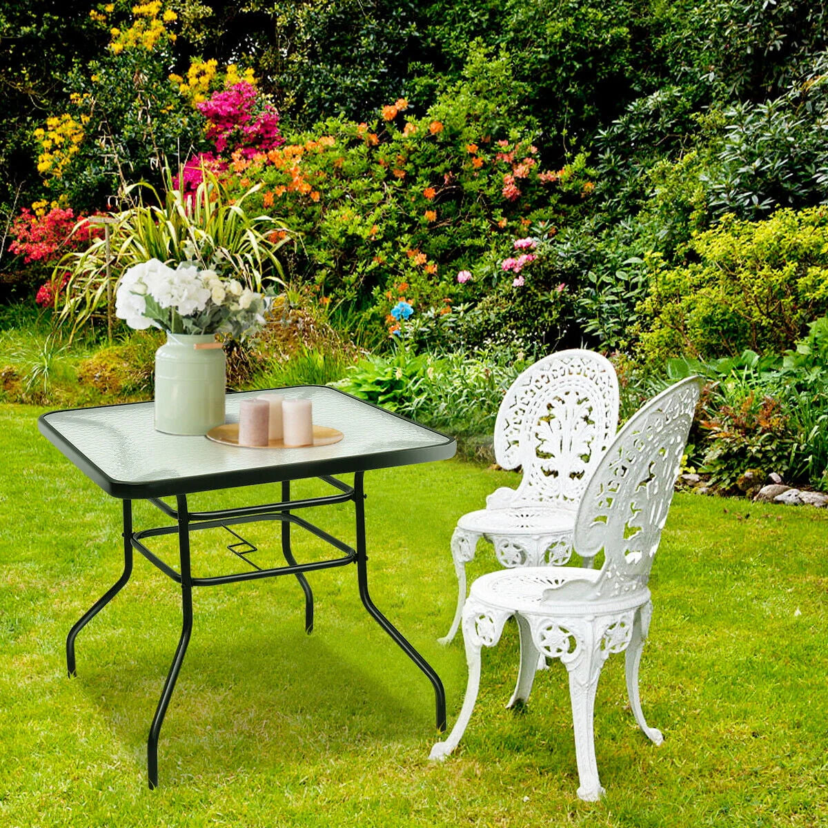 32'' Patio Square Table Tempered Glass Steel Frame F219