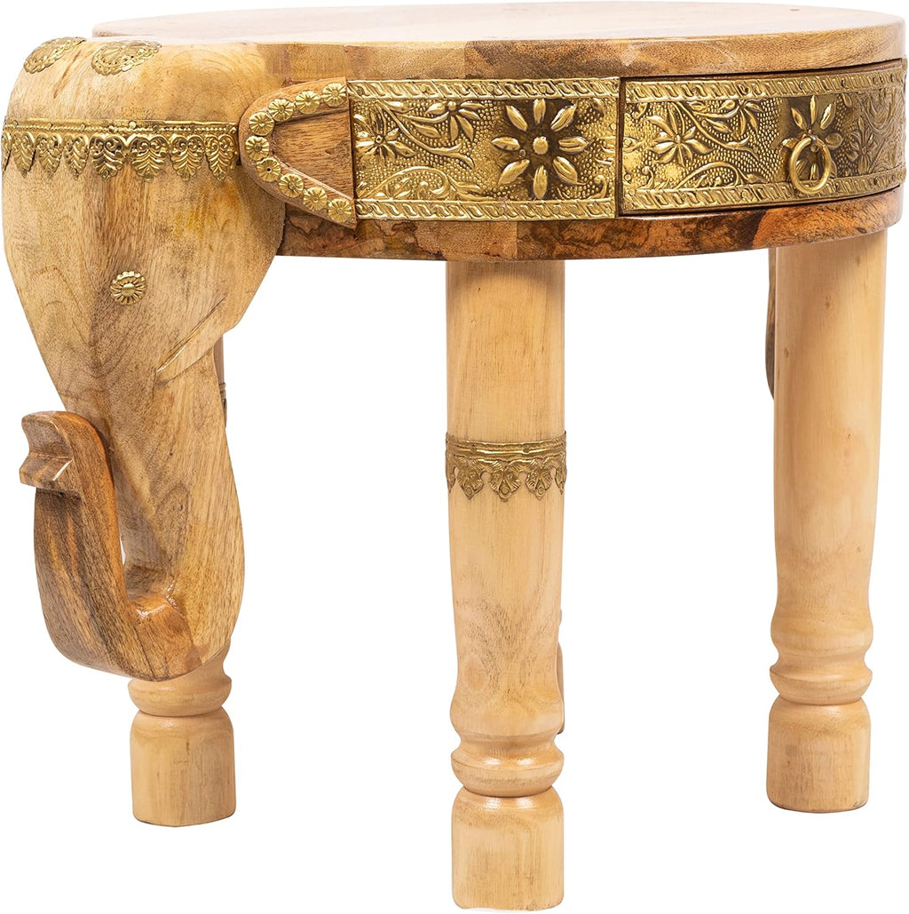 Hand Carved Round Wooden Coffee Table with Drawer - 14.5 x 14.5 x 15 Inches V190