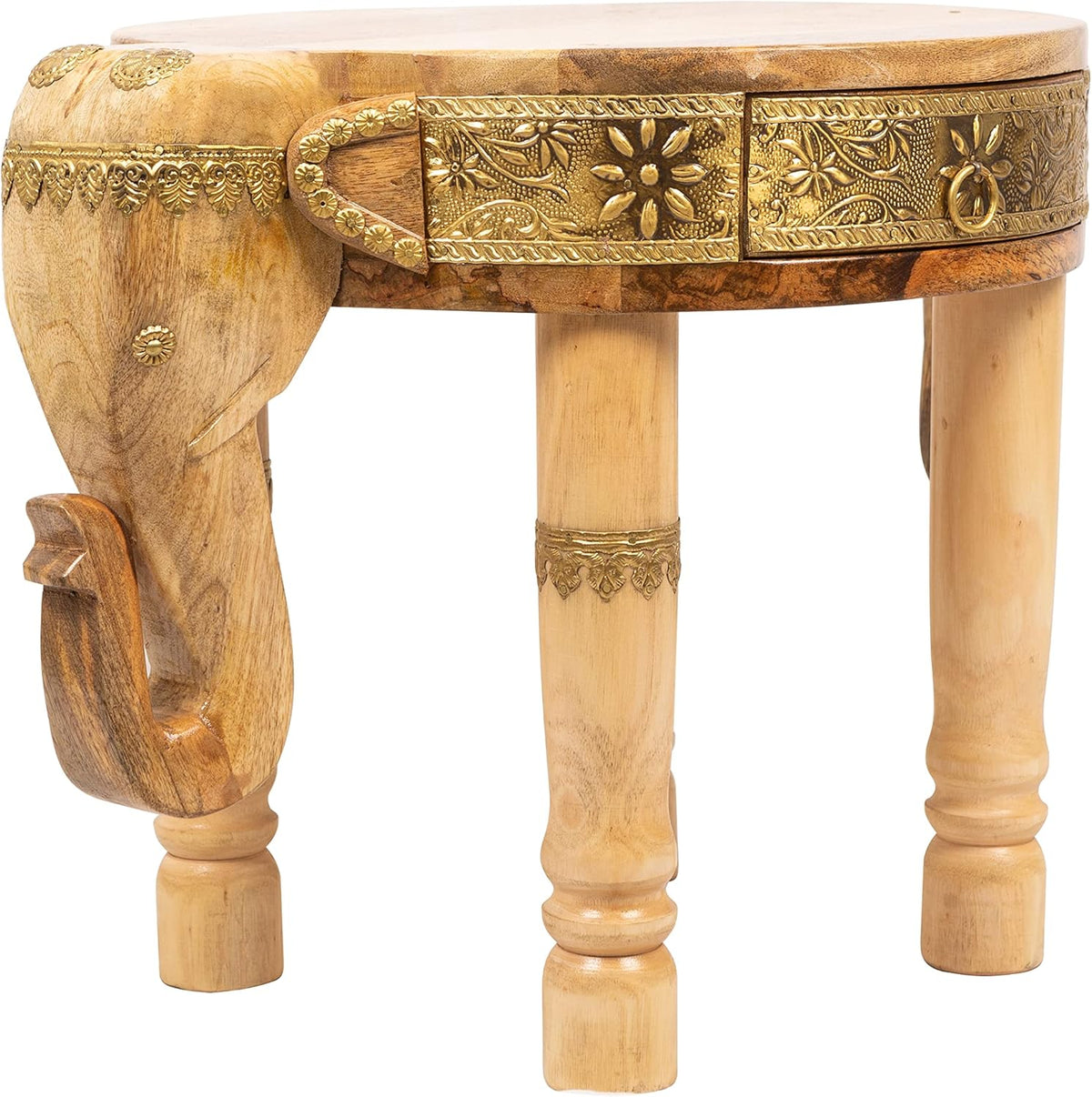 Hand Carved Round Wooden Coffee Table with Drawer - 14.5 x 14.5 x 15 Inches V190