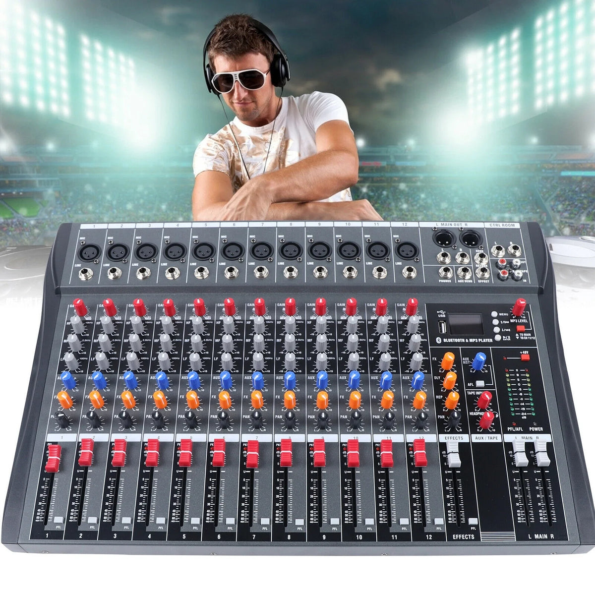 12 Channel Audio Mixer Bluetooth USB DJ Sound Mixing Console D568