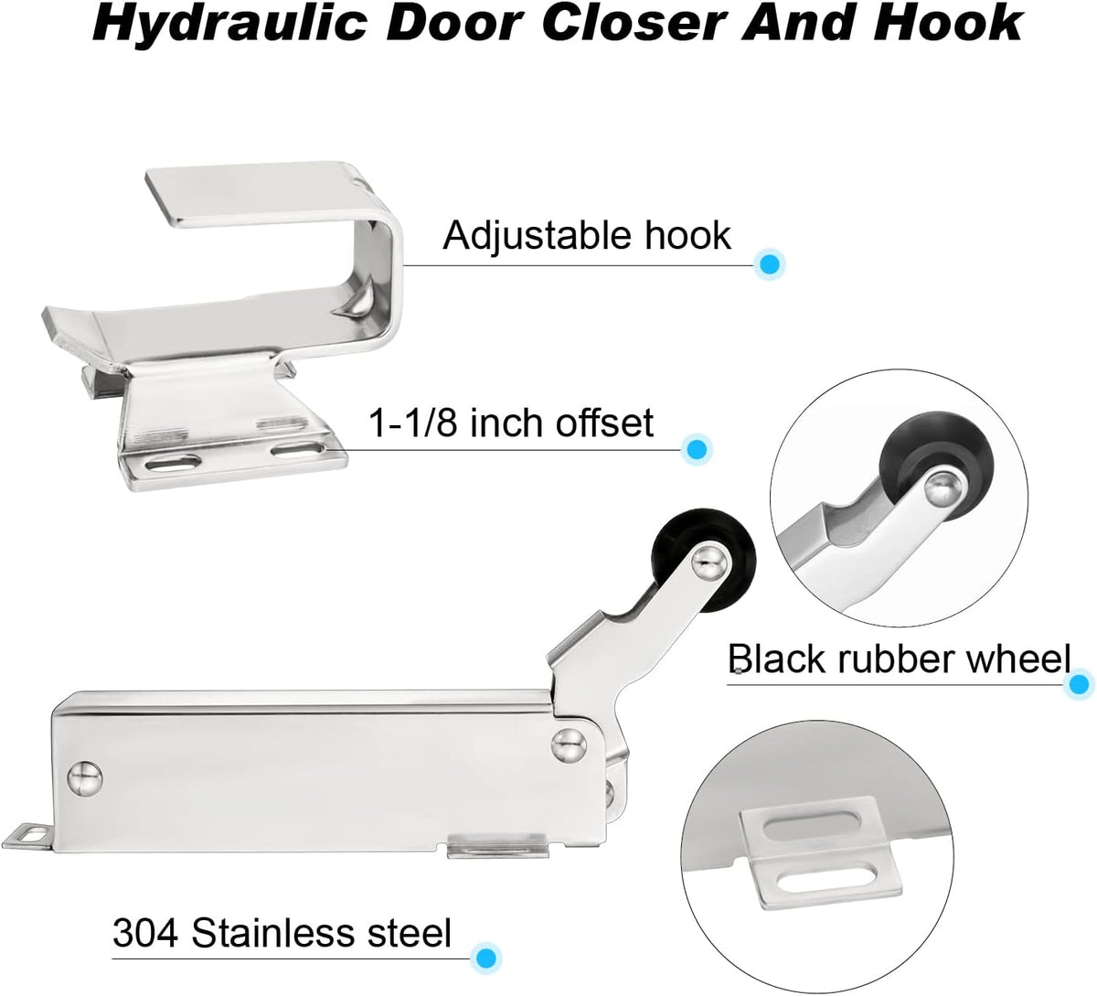 Hydraulic Door Closer, Adjustable Wide Hook, Quiet Rubber Wheel, Pack of 2 O476438