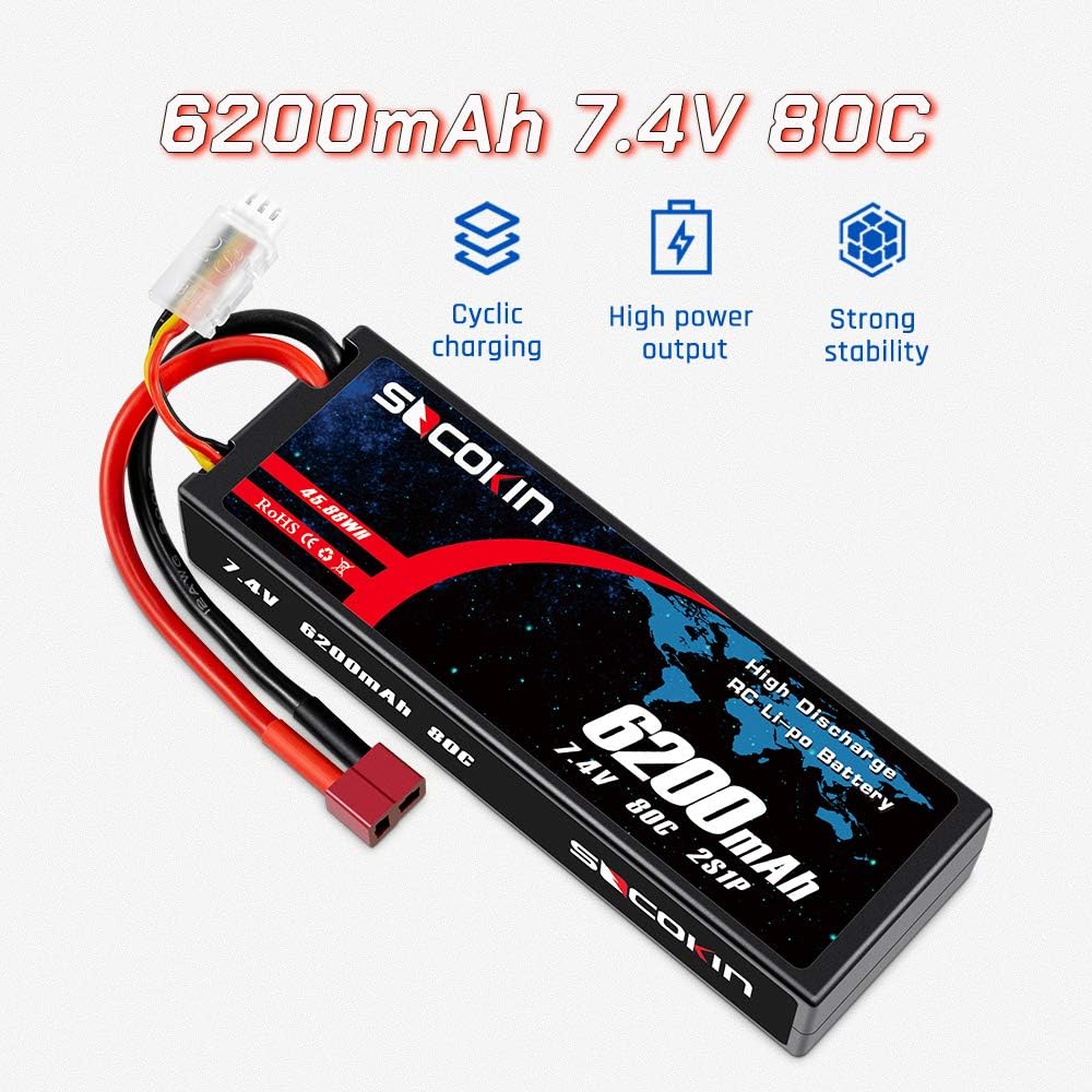 2 Pack 7.4V 2S 6200mAh 80C Hard Case Lipo Battery with Deans T Z22089
