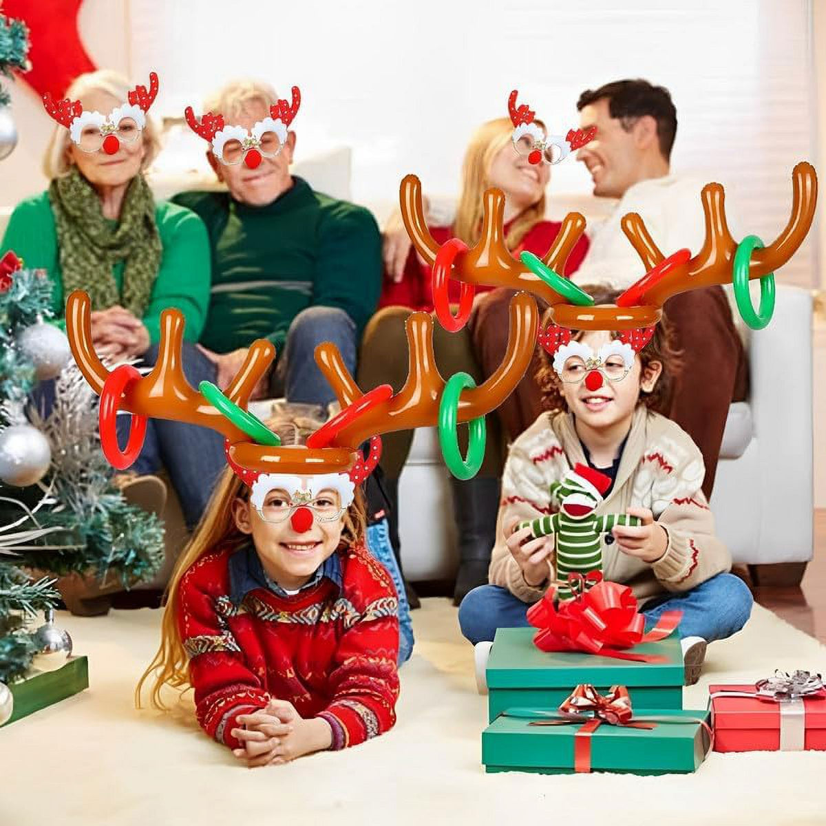 Inflatable Reindeer Antler Hat Ring Toss Game with 2 Antlers, 8 Rings, 1 Inflator Y9746