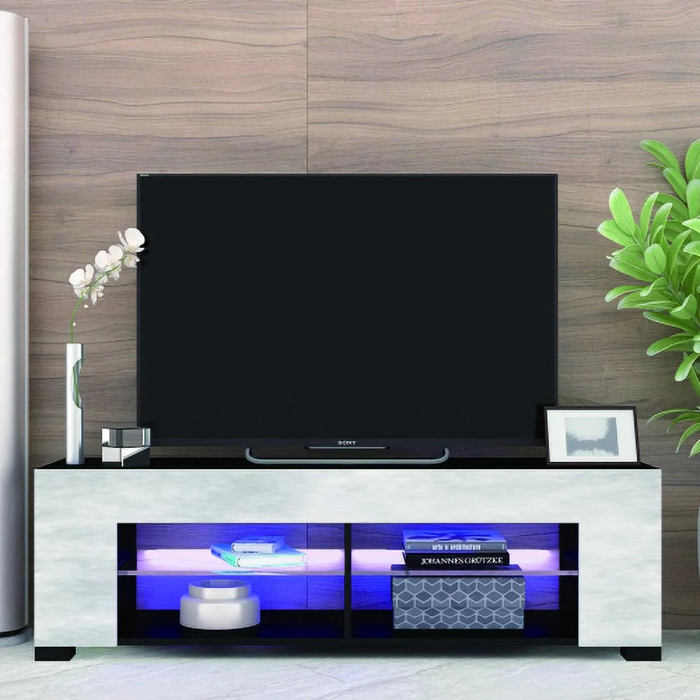 Black 57 Inch TV Stand with LED Lights and Glass Shelves H754109