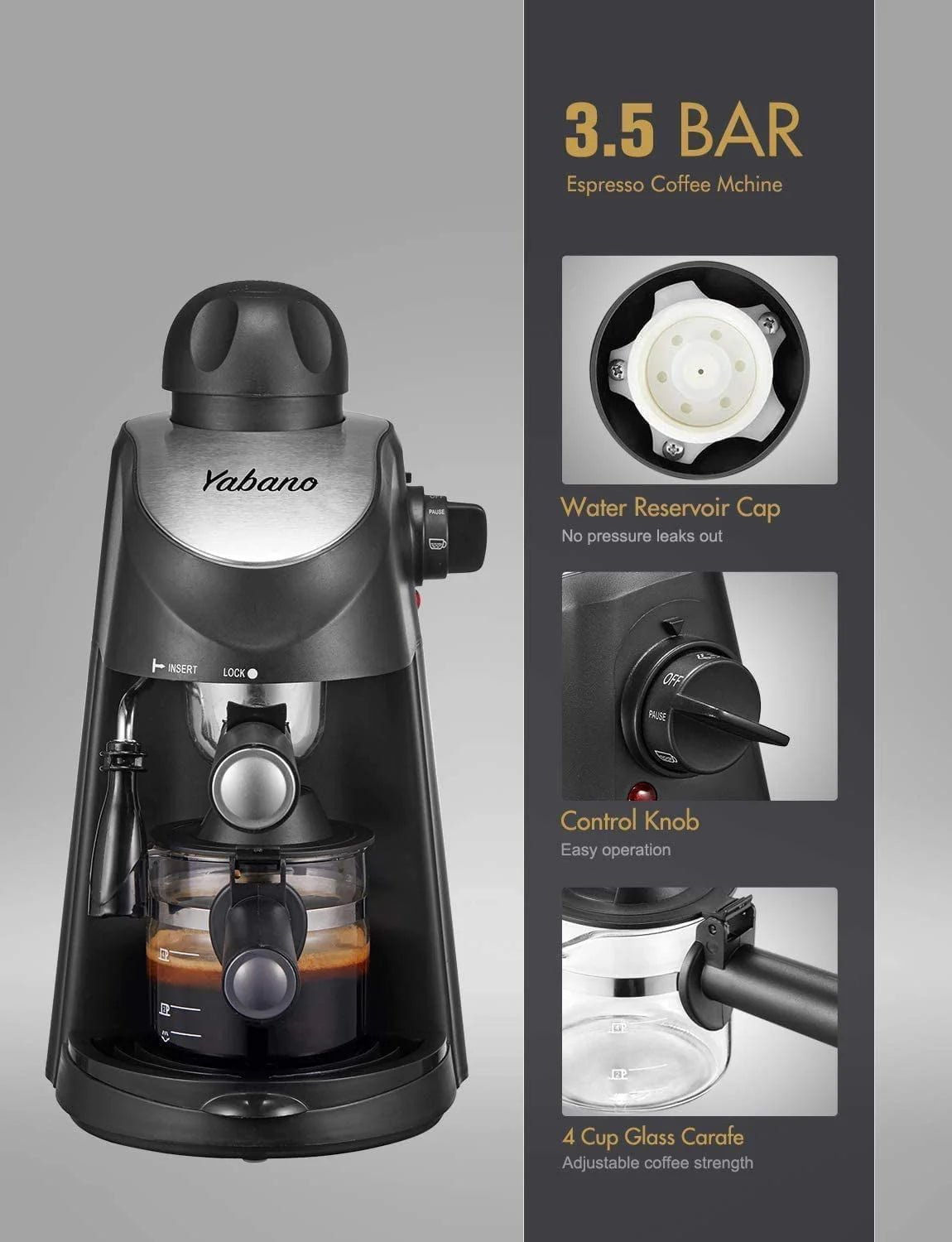 3.5 Bar 4 Cup Steam Espresso Cappuccino Maker with Milk Frother, Black J210086