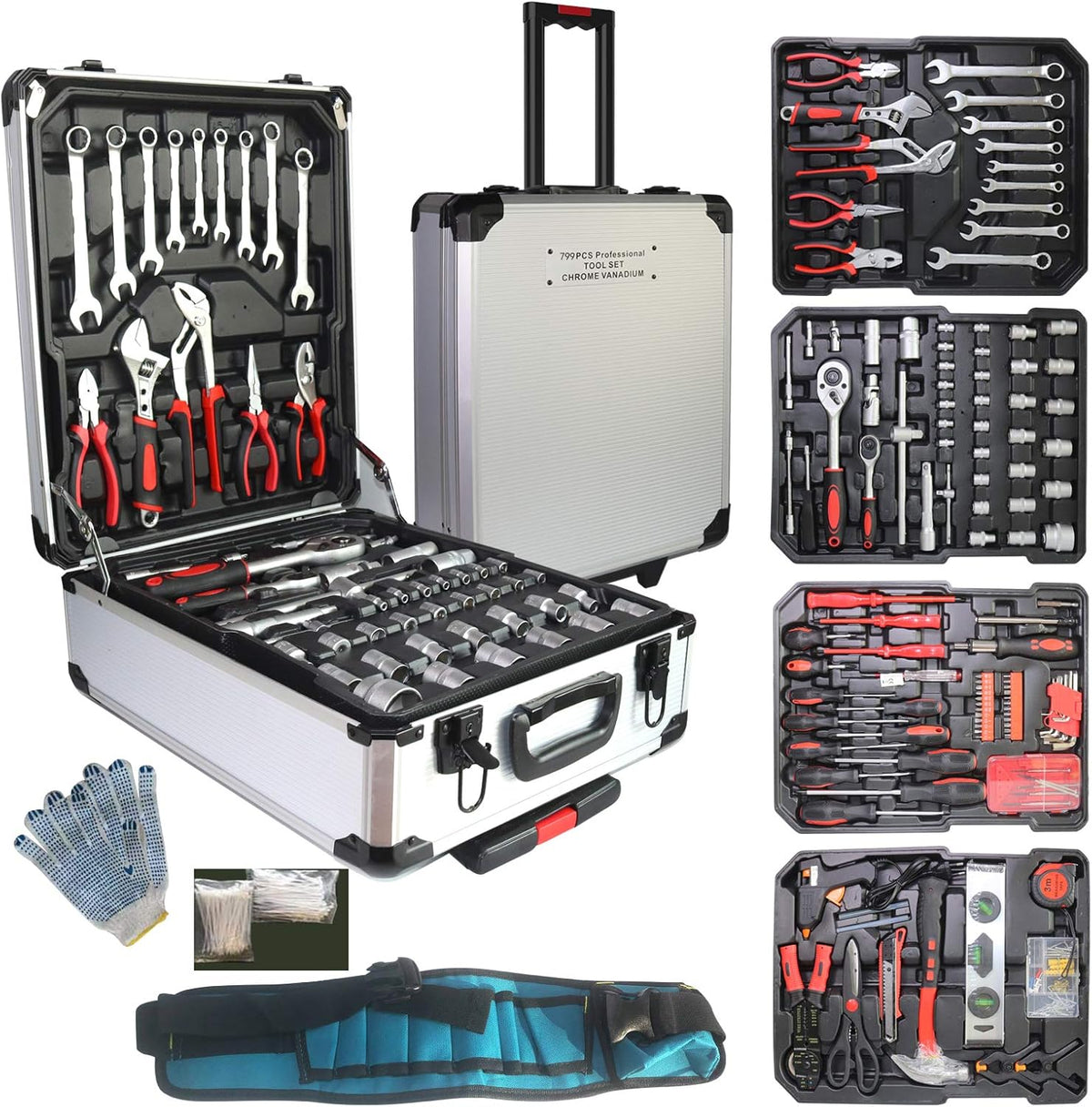 799pcs Aluminum Trolley Case Tool Set with Tool Belt A3345