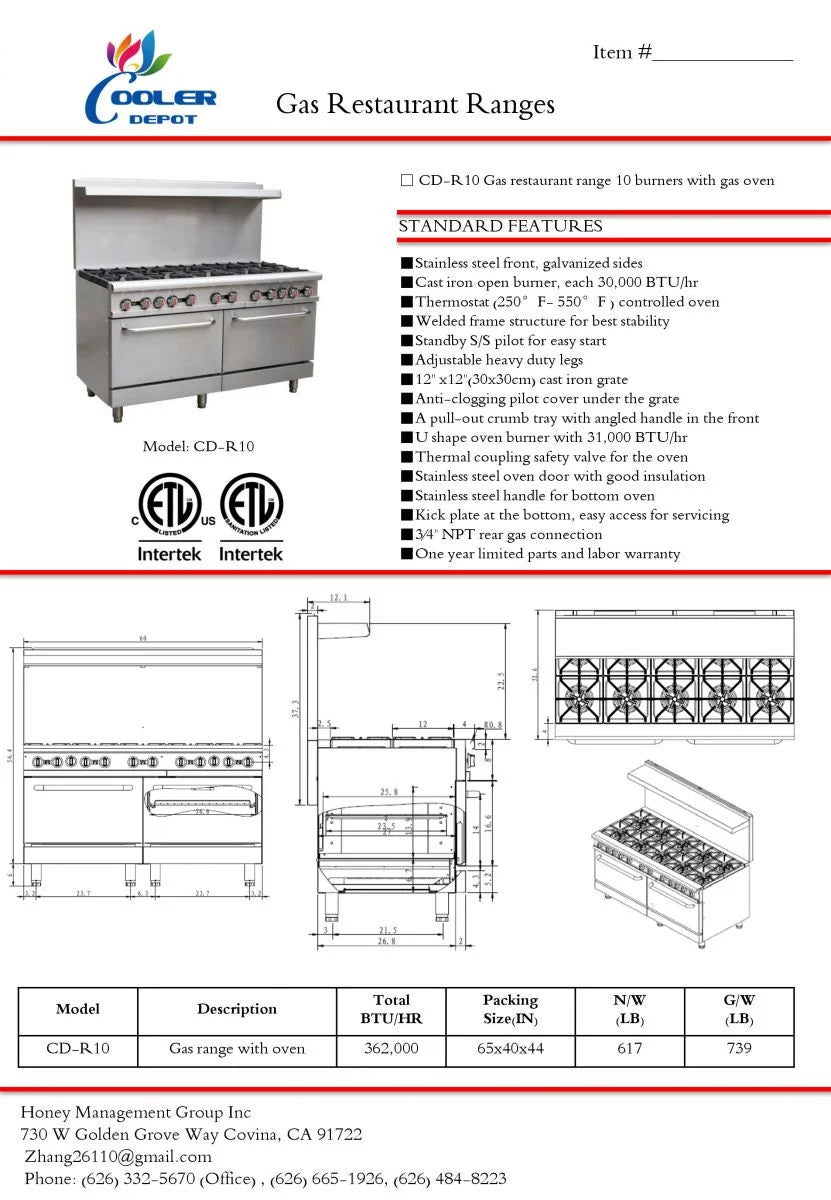 60"W 10 Burners 2 Ovens Commercial Range & Oven Natural Gas Propane Stainless Steel X719