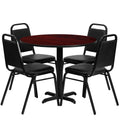 36'' Round Mahogany Laminate Table Set with 4 Black Banquet Chairs H840432