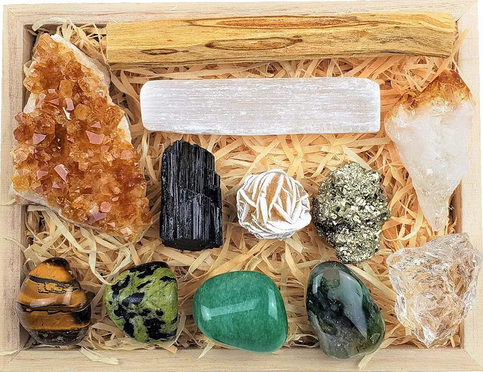 Black Tourmaline Palo Santo Citrine Selenite Pyrite Quartz Crystal Wooden Box C743