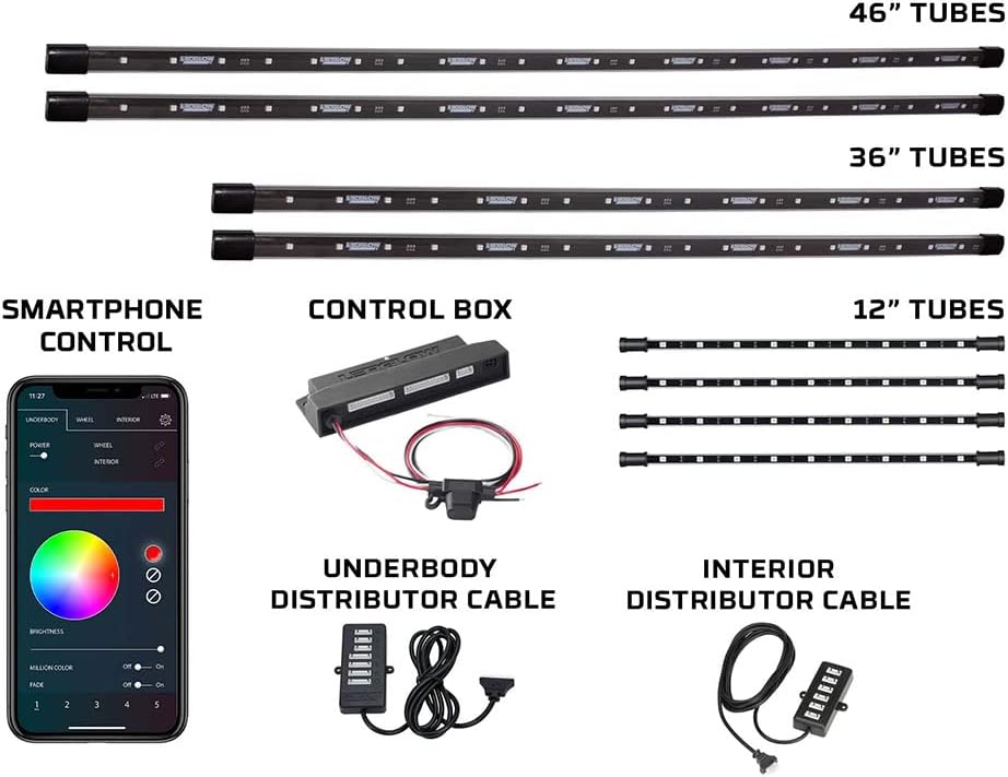 4pc Bluetooth LED Underbody Underglow Kit with Interior Footwell Accent Lighting Y784