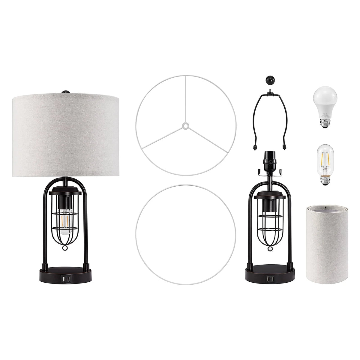 21'' Table Lamps Set of 2 with USB Port and Night Light, White Drum Shade I63241
